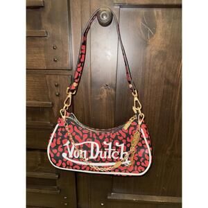 Von Dutch Red Cheetah Print Chain Logo Crescent Shoulder Bag Zip Women NEW